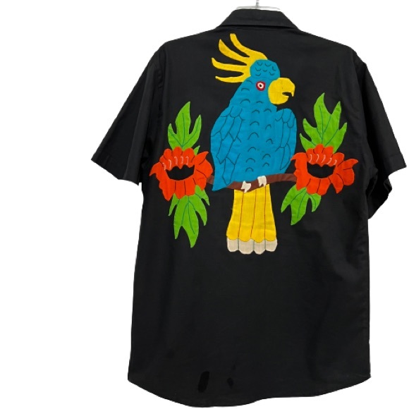 Hand Appliquéd & Embroidered Mola Style Black Cotton Button Up Men’s Shirt Sz L - Picture 8 of 9